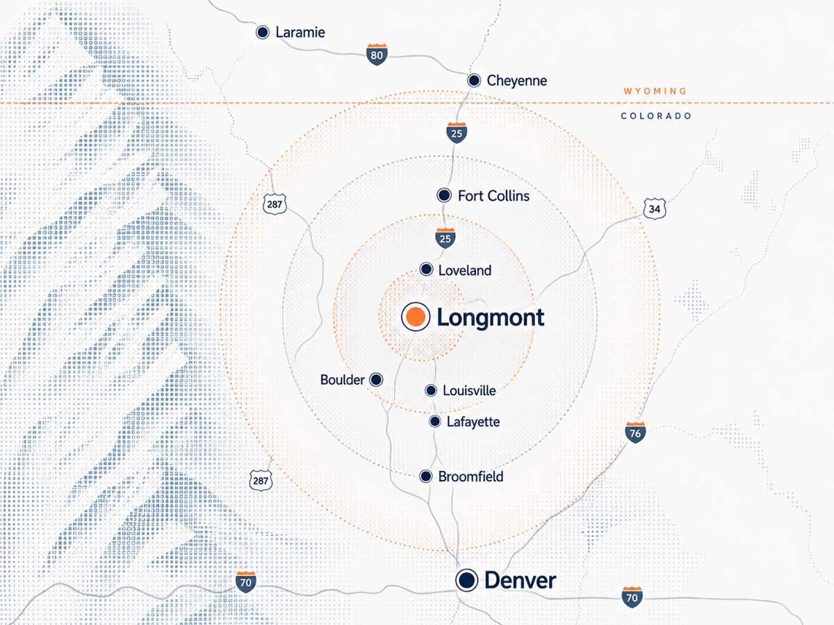 Colorado Website Marketing Services Map: Boulder, Broomfield, Denver, Longmont, Louisville, Lafayette, Loveland, Fort Collins, Cheyenne, and Laramie, WY.