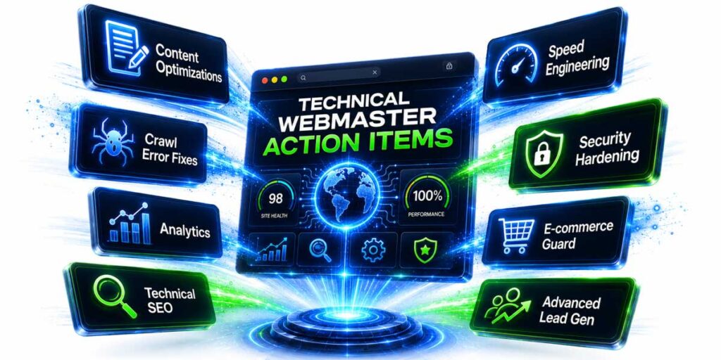Graphic Illustrating: Content Optimizations  Crawl Error Fixes Analytics Technical SEO Speed Engineering Security Hardening E-commerce Guard Advanced Lead Gen