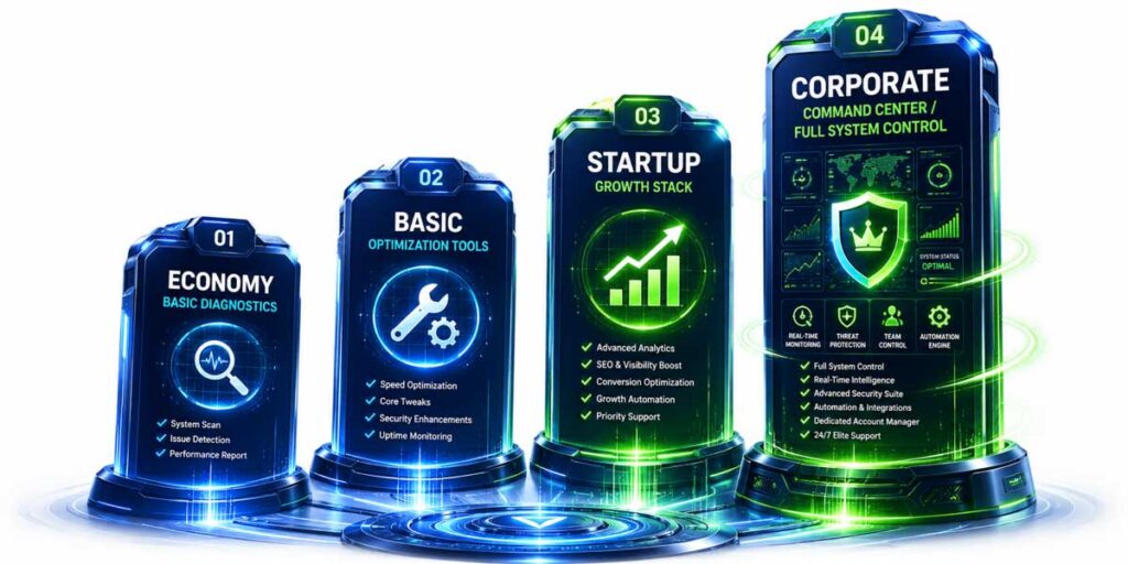 Economy basic diagnostics Basic optimization tools Startup growth stack Corporate command center full system control