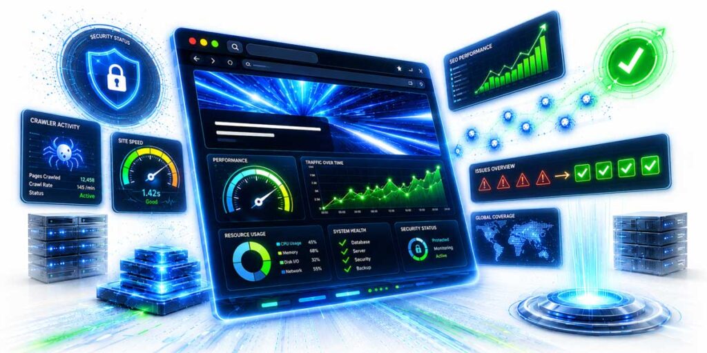SEO Digital Guardianship: Showing search rankings, speed meter, shield security icon, analytics graph.