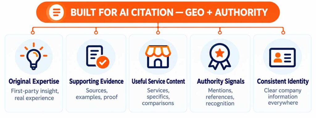 GEO and authority signals that support visibility and citation in AI answers