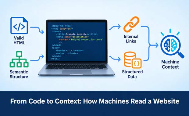 Diagram connecting valid HTML, semantic structure, internal links and structured data with AI Search