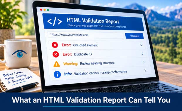 Example HTML validation report showing website markup errors and warnings